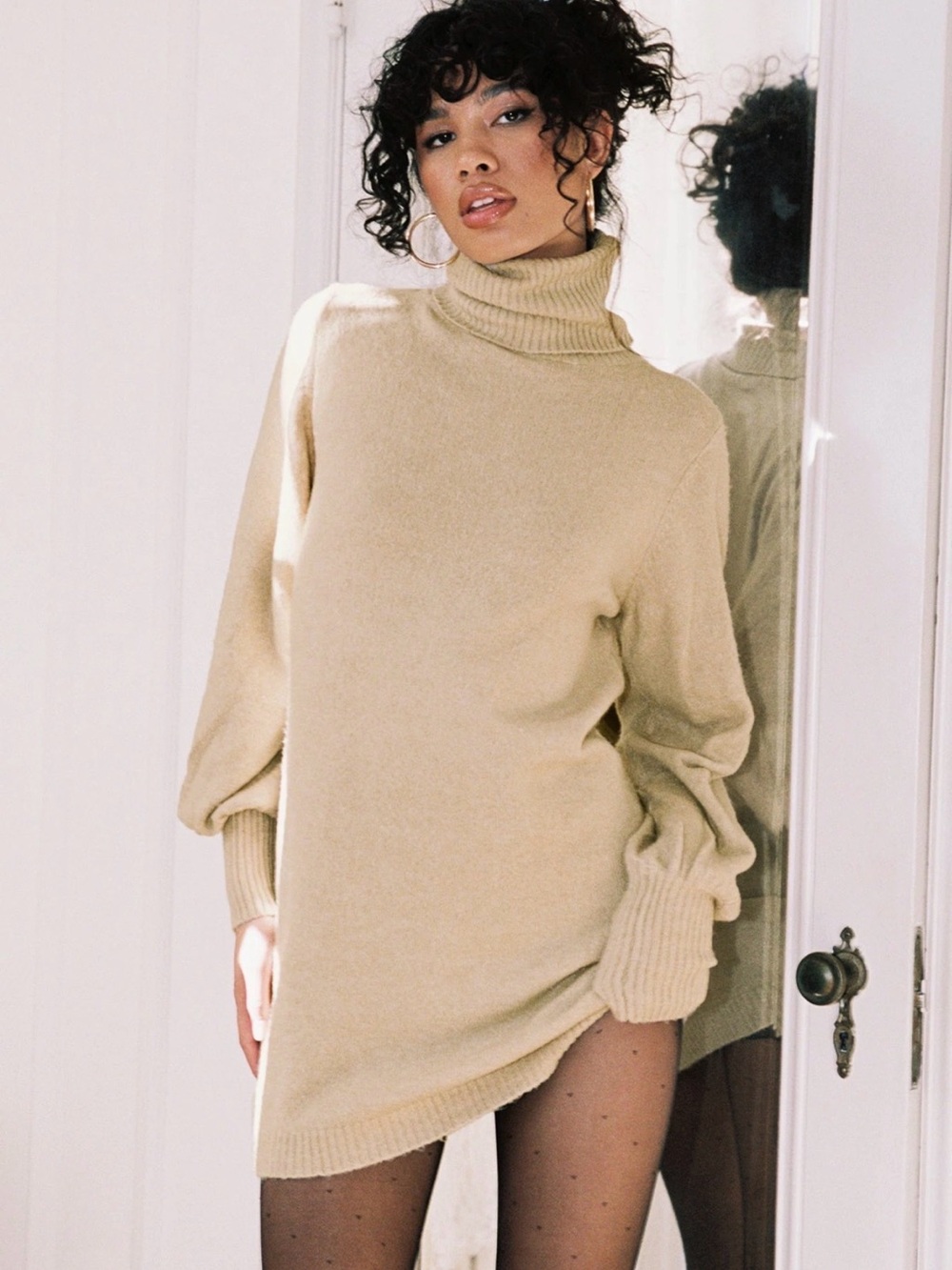 Princess Polly Zahara Sweater Turtleneck Mini Dress in Beige